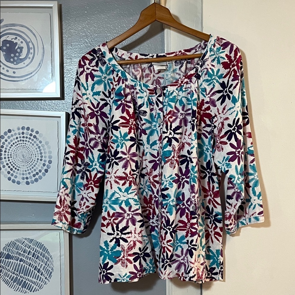 Hot Cotton Women’s Linen Top Multicolor Floral Button Up Blouse Size XL